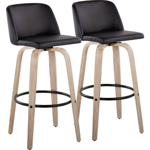 Toriano 30" Bar Stool in White Washed Wood & Black Leatherette with Black Footrest (Set of 2)